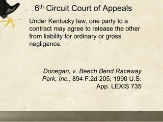 6th Circuit Court of Appeals
Under Kentucky law, one party to a
contract may agree to release the other
from liability for...