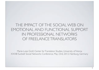 THE IMPACT OFTHE SOCIAL WEB ON
EMOTIONAL AND FUNCTIONAL SUPPORT
IN PROFESSIONAL NETWORKS
OF FREELANCETRANSLATORS
Marie-Luise Groß, Center forTranslation Studies, University ofVienna
XXXIII Sunbelt Social Networks Conference, May 23rd, 2013, Hamburg, Germany
1
 