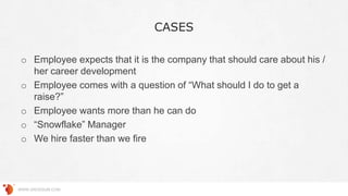 CASES
WWW.GROSSUM.COM
o Employee expects that it is the company that should care about his /
her career development
o Employee comes with a question of “What should I do to get a
raise?”
o Employee wants more than he can do
o “Snowflake” Manager
o We hire faster than we fire
 