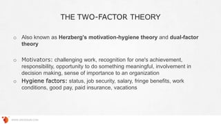 THE TWO-FACTOR THEORY
WWW.GROSSUM.COM
o Also known as Herzberg's motivation-hygiene theory and dual-factor
theory
o Motivators: challenging work, recognition for one's achievement,
responsibility, opportunity to do something meaningful, involvement in
decision making, sense of importance to an organization
o Hygiene factors: status, job security, salary, fringe benefits, work
conditions, good pay, paid insurance, vacations
 