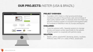 OUR PROJECTS: NSTER (USA & BRAZIL)
PROJECT OVERVIEW:
• Founded in 2012, Nster is a fast growing technology
company focused on the purchase, sale, and exchange of
high quality website traffic. In relatively short time Nster has
become a leading supplier of consistent and targeted traffic
for hundreds of websites in the US, Europe, and beyond.
CHALLENGE:
• Track the website traffic. Separate systems to manage
articles and teasers written specifically for the website.
Powerful system to cooperate with partners easily.
SOLUTION:
• MySQL, python, apacheANT, Bootstrap, jQuery, Liquibase,
PHPUnit, redis, PHP, C++, CSS3, HTML5, JavaScript5
WWW.GROSSUM.COM
 