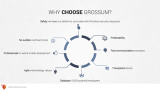 WHY CHOOSE GROSSUM?
Database: 5.000 potential employees
Fast communication processes
Transparent prices
No sudden overhead costs
Professionals in web & mobile development
Predictability
Agile methodology values
Safety: we keep our platforms up-to-date with the latest security measures
WWW.GROSSUM.COM
 