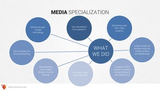 MEDIA SPECIALIZATION
WHAT
WE DID
Own developed
IVoD platform
Streaming real-
time video
projects
Large number of
people using the
media system
simultaneously
Creation of the
system to control
content delivery
and distribution
Automatic work-
load balancing
Broadcasting
from mobile
devices into the
browser
Minimal delay for
the broadcasting
Setting up peer-
to-peer
technology
WWW.GROSSUM.COM
 