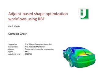 Supervisor
Coordinator
Course
Cycle
Academic year
Ph.D. thesis
: Prof. Marco Evangelos Biancolini
: Prof. Roberto Montanari
: Doctorate in industrial engineering
: XXIX
: 2015/16
Adjoint-based shape optimization
workflows using RBF
Corrado Groth
 