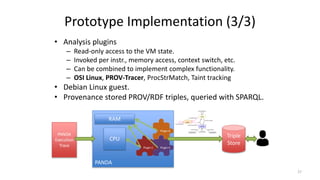 Prototype Implementation (3/3)
• Analysis plugins
– Read-only access to the VM state.
– Invoked per instr., memory access, context switch, etc.
– Can be combined to implement complex functionality.
– OSI Linux, PROV-Tracer, ProcStrMatch, Taint tracking
• Debian Linux guest.
• Provenance stored PROV/RDF triples, queried with SPARQL.
PANDA
Execution
Trace
PANDA
Triple
Store
Plugin APlugin C
Plugin B
CPU
RAM
27
used
endedAtTime
wasAssociatedWith
actedOnBehalfOf
wasGeneratedBy
wasAttributedTo
wasDerivedFrom
wasInformedBy
Activity
Entity
Agent
xsd:dateTime
startedAtTime
xsd:dateTime
 