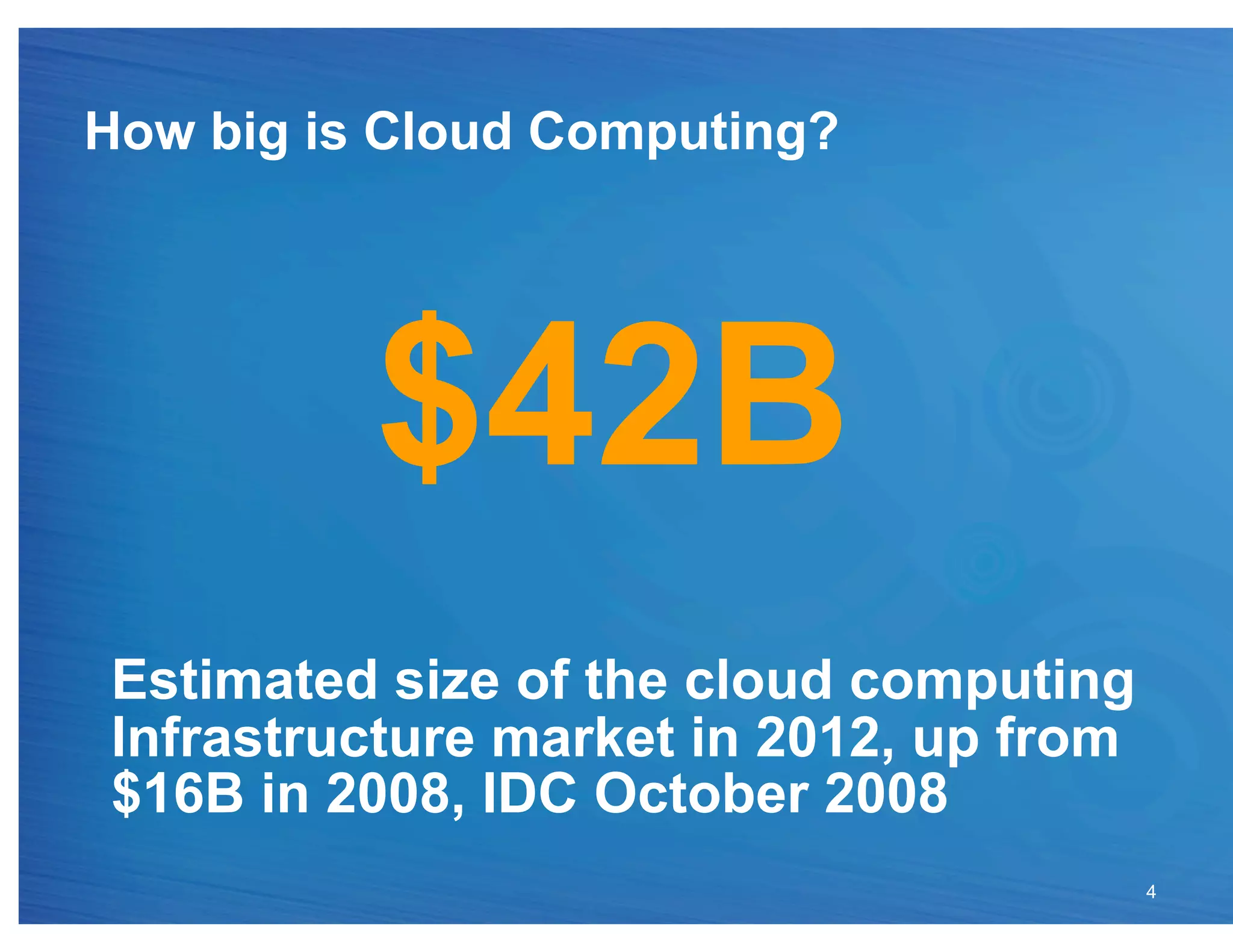 How big is Cloud Computing?




          $42B
Estimated size of the cloud computing
Infrastructure market in 2012, up from
$16B in 2008, IDC October 2008
                                         4
 