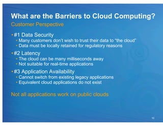 What are the Barriers to Cloud Computing?
Customer Perspective
• #1 Data Security
  •  Many customers don’t wish to trust their data to “the cloud”
  •  Data must be locally retained for regulatory reasons
• #2 Latency
  •  The cloud can be many milliseconds away
  •  Not suitable for real-time applications
• #3 Application Availability
  •  Cannot switch from existing legacy applications
  •  Equivalent cloud applications do not exist

Not all applications work on public clouds



                                                                    10
 