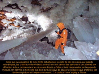 Alors que la compagnie de mine limite actuellement la visite de ces cavernes aux experts
scientifiques, les chasseurs de minéraux quant à eux ont détruit des serrures et ont pénétré par
effraction à deux reprises dans les cavernes depuis qu'elles ont été découvertes par l'équipe de
mineurs. Un homme a même été tué alors qu'il a essayé de couper un gigantesque cristal qui est
tombé du plafond et l'a éperonné au sol. "La chaleur l'a eu" explique Fisher.
 