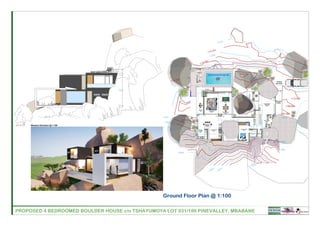 GSPublisherVersion 0.20.100.100
PROPOSED 4 BEDROOMED BOULDER HOUSE c/o TSHAYUMOYA LOT 931/188 PINEVALLEY, MBABANE DESIGN
1
2
3
4
5
6
7
8
9
10
11
12
13
14
15
1
2
3
4
5
Shower
0,150
1,655
0,400
1,200
0,400
4,380 3,920
0,400
6,770
0,920
4,710
0,230
3,000
0,230
1,4802,090
0,400 2,670 0,230 4,000 0,400
4,0205,415
2,000
0,230
1,220 0,230
6,1151,765
1180.50m
1179.50m
1179.50m
1175.50m
1181.50m
1174.50m
1181m
1175m
1181m
1182m
1182m
1183m
1184m
1186m
1188m
1174m
1190m
1190m
1191m
1193m
1194m
Granny's Bed
15m2
D
DW
W
Bath 4m2
Aerofresco
15m2
Living Room
24m2
Entertainment Space
12m2
Dinning Area
10m2
Breakfast
Knook
Fitted Kitchen
24m2
Scullery
Laundry
10m2
Light
Well
Light Well 01
GWC 2m2
Family Gallery
(with Gym)
22m2
Home Office
20m2
Outdoor Nest Entrance
Lobby
Sun Bed
(optional beach sand)
Kitchen
Yard
Parking
Driveway
Central Control Duct
6,040
0,400
1,400 4,060 2,000
0,400
Swimming Pool (Concept only)
0,400
3,800
0,400
3,800
0,500
0,975
Ground Floor Plan @ 1:100
Western Elevation @ 1:100
 