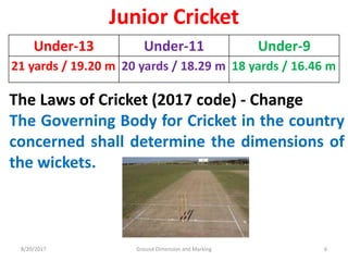 8/20/2017 Ground Dimension and Marking 6
Under-13 Under-11 Under-9
21 yards / 19.20 m 20 yards / 18.29 m 18 yards / 16.46 m
Junior Cricket
The Laws of Cricket (2017 code) - Change
The Governing Body for Cricket in the country
concerned shall determine the dimensions of
the wickets.
 