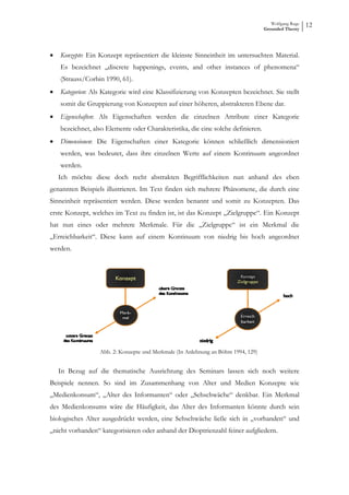 Wolfgang Ruge
                                                                                   Grounded Theory
                                                                                                      12



•   Konzepte: Ein Konzept repräsentiert die kleinste Sinneinheit im untersuchten Material.
    Es bezeichnet „discrete happenings, events, and other instances of phenomena“
    (Strauss/Corbin 1990, 61).
•   Kategorien: Als Kategorie wird eine Klassifizierung von Konzepten bezeichnet. Sie stellt
    somit die Gruppierung von Konzepten auf einer höheren, abstrakteren Ebene dar.
•   Eigenschaften: Als Eigenschaften werden die einzelnen Attribute einer Kategorie
    bezeichnet, also Elemente oder Charakteristika, die eine solche definieren.
•   Dimensionen: Die Eigenschaften einer Kategorie können schließlich dimensioniert
    werden, was bedeutet, dass ihre einzelnen Werte auf einem Kontinuum angeordnet
    werden.
    Ich möchte diese doch recht abstrakten Begrifflichkeiten nun anhand des eben
genannten Beispiels illustrieren. Im Text finden sich mehrere Phänomene, die durch eine
Sinneinheit repräsentiert werden. Diese werden benannt und somit zu Konzepten. Das
erste Konzept, welches im Text zu finden ist, ist das Konzept „Zielgruppe“. Ein Konzept
hat nun eines oder mehrere Merkmale. Für die „Zielgruppe“ ist ein Merkmal die
„Erreichbarkeit“. Diese kann auf einem Kontinuum von niedrig bis hoch angeordnet
werden.




                  Abb. 2: Konzepte und Merkmale (In Anlehnung an Böhm 1994, 129)


    In Bezug auf die thematische Ausrichtung des Seminars lassen sich noch weitere
Beispiele nennen. So sind im Zusammenhang von Alter und Medien Konzepte wie
„Medienkonsum“, „Alter des Informanten“ oder „Sehschwäche“ denkbar. Ein Merkmal
des Medienkonsums wäre die Häufigkeit, das Alter des Informanten könnte durch sein
biologisches Alter ausgedrückt werden, eine Sehschwäche ließe sich in „vorhanden“ und
„nicht vorhanden“ kategorisieren oder anhand der Dioptrienzahl feiner aufgliedern.
 