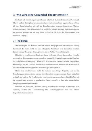 Wolfgang Ruge
                                                                                  Grounded Theory
                                                                                                     9



3 Wie wird eine Grounded Theory erstellt?
   Nachdem ich im vorherigen Kapitel einen Überblick über die Herkunft der Grounded
Theory und die ihr implizierten erkenntnistheoretischen Annahmen gegeben habe, möchte
ich nun darauf eingehen, wie sich die Erstellung einer gegenstandsbezogenen Theorie
praktisch gestaltet. Den Schwerpunkt lege ich hierbei auf den zentralen Analyseprozess, das
so genannte Kodieren und die eng damit verbundene Methode der Datenauswahl, das
theoretische Sampling.

3.1 Kodieren

   Mit dem Begriff des Kodierens wird der zentrale Analyseprozess der Grounded Theory
bezeichnet. Er meint nicht nur das anfängliche Bezeichnen von Textstellen, sondern
bezieht sich auf den ganzen Analyseprozess, dessen Ziel die Theoriebildung ist.
   Dabei ist zu beachten, dass Kodieren „keine eindeutige Schrittfolge, sondern vielmehr
verschiedene Umgangsweisen mit textuellem Material […], zwischen denen der Forscher
bei Bedarf hin und her springt“ (Flick 2007, 378f) darstellt. Es existiert keine vorgegebene
Reihenfolge, die der Forscher nacheinander abarbeiten kann, weshalb eine Kombination
der einzelnen Schritte möglich und meistens sogar erforderlich ist.
   Hinter dem Analyseprozess steht die Methode des ständigen Vergleiches. Alle in der
Forschung gewonnenen Daten werden fortwährend mit neu gewonnenen Daten verglichen
und ggf. neu kodiert. Die Ergebnisse der einzelnen Auswertungen haben dabei Einfluss auf
die Auswahl der weiteren zu erhebenden Daten, worauf ich aber beim theoretischen
Sampling genauer eingehen werde.
   Forschen im Sinne der Grounded Theory erfordert ein ständiges Wechselspiel von
Auswahl, Analyse und Theoriebildung. Der Forschungsprozess wird von Strauss
folgendermaßen visualisiert:
 