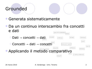 Grounded

   Generata sistematicamente
   Da un continuo interscambio fra concetti
    e dati
     Dati      → concetti...