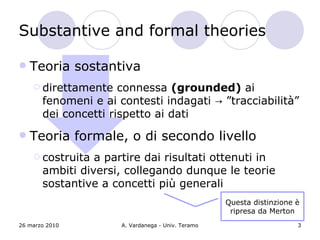 Substantive and formal theories

   Teoria sostantiva
     direttamente    connessa (grounded) ai
       fenomeni e ai c...