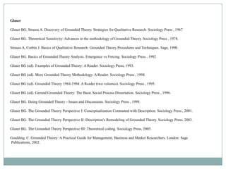 Glaser

Glaser BG, Strauss A. Discovery of Grounded Theory. Strategies for Qualitative Research. Sociology Press , 1967

Glaser BG. Theoretical Sensitivity: Advances in the methodology of Grounded Theory. Sociology Press , 1978.

Strauss A, Corbin J. Basics of Qualitative Research: Grounded Theory Procedures and Techniques. Sage, 1990.

Glaser BG. Basics of Grounded Theory Analysis. Emergence vs Forcing. Sociology Press , 1992

Glaser BG (ed). Examples of Grounded Theory: A Reader. Sociology Press, 1993.

Glaser BG (ed). More Grounded Theory Methodology: A Reader. Sociology Press , 1994.

Glaser BG (ed). Grounded Theory 1984-1994. A Reader (two volumes). Sociology Press , 1995.

Glaser BG (ed). Gerund Grounded Theory: The Basic Social Process Dissertation. Sociology Press , 1996.

Glaser BG. Doing Grounded Theory - Issues and Discussions. Sociology Press , 1998.

Glaser BG. The Grounded Theory Perspective I: Conceptualization Contrasted with Description. Sociology Press , 2001.

Glaser BG. The Grounded Theory Perspective II: Description's Remodeling of Grounded Theory. Sociology Press, 2003.

Glaser BG. The Grounded Theory Perspective III: Theoretical coding. Sociology Press, 2005.

Goulding, C. Grounded Theory: A Practical Guide for Management, Business and Market Researchers. London: Sage
Publications, 2002.
 