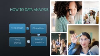 HOW TO DATA ANALYSIS
Focus groups Observations
Informal
conversation
Group
analysis
 