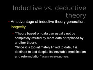 Inductive vs. deductive
theory
• An advantage of inductive theory generation:
longevity
• “Theory based on data can usually not be
completely refuted by more data or replaced by
another theory.
“Since it is too intimately linked to data, it is
destined to last despite its inevitable modification
and reformulation” (Glaser and Strauss, 1967).
 