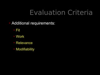 Evaluation Criteria
• Additional requirements:
• Fit
• Work
• Relevance
• Modifiability
 