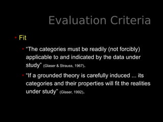 Evaluation Criteria
• Fit
• “The categories must be readily (not forcibly)
applicable to and indicated by the data under
study” (Glaser & Strauss, 1967).
• “If a grounded theory is carefully induced ... its
categories and their properties will fit the realities
under study” (Glaser, 1992).
 