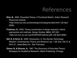 References
Dick, B., 2005. Grounded Theory: A Thumbnail Sketch, Action Research
Resources website,
<http://www.scu.edu.au/schools/gcm/ar/arp/grounded.html> (30 April
2006).
Friedman, K., 2003. Theory construction in design research: criteria
approaches and methods, Design Studies, 24(6), 507-522,
<http://w3.msi.vxu.se/~per/DVM752/Friedman.pdf> (20 April 2006).
Gill, R. & Grint, K., 2000. Introduction, in The Gender-Technology
Relation: Contemporary Theory and Research, pp. 1-28, Eds. Gill, R. &
Grint, K., Josey-Bass Inc., San Francisco.
Glaser, B. & Strauss, A., 1967. The Discovery of Grounded Theory:
Strategies for Qualitative Research, Aldine Publishing, Chicago.
 