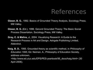 References
Glaser, B. G., 1992. Basics of Grounded Theory Analysis, Sociology Press,
Mill Valley.
Glaser, B. G. (Ed.), 1996. Gerund Grounded Theory: The Basic Social
Process Dissertation, Sociology Press, Mill Valley.
Gray, C. & Malins, J., 2004. Visualizing Research: A Guide to the
Research Process in Art and Design, Ashgate Publishing Limited,
Aldershot.
Haig, B. D., 1995. Grounded theory as scientific method, in Philosophy of
Education 1995, Ed. Neiman, A., Philosophy of Education Society,
address unknown,
<http://www.ed.uiuc.edu/EPS/PES-yearbook/95_docs/haig.html> (30
April 2006).
 