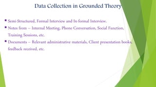  Semi-Structured, Formal Interview and In-formal Interview.
 Notes from – Internal Meeting, Phone Conversation, Social Function,
Training Sessions, etc.
 Documents – Relevant administrative materials, Client presentation books,
feedback received, etc.
Data Collection in Grounded Theory
 