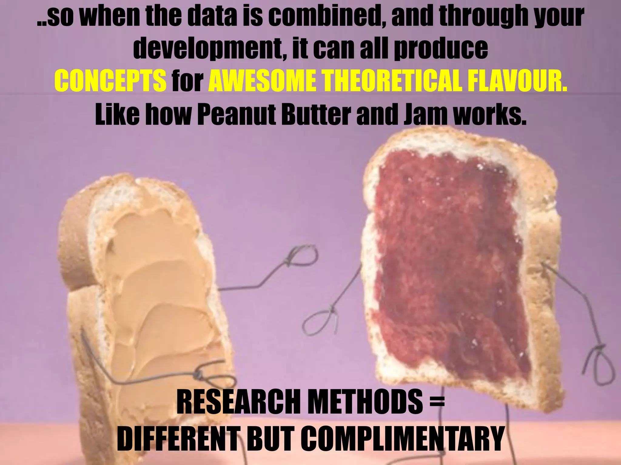 ..so when the data is combined, and through your
development, it can all produce
CONCEPTS for AWESOME THEORETICAL FLAVOUR.
Like how Peanut Butter and Jam works.
RESEARCH METHODS =
DIFFERENT BUT COMPLIMENTARY
 