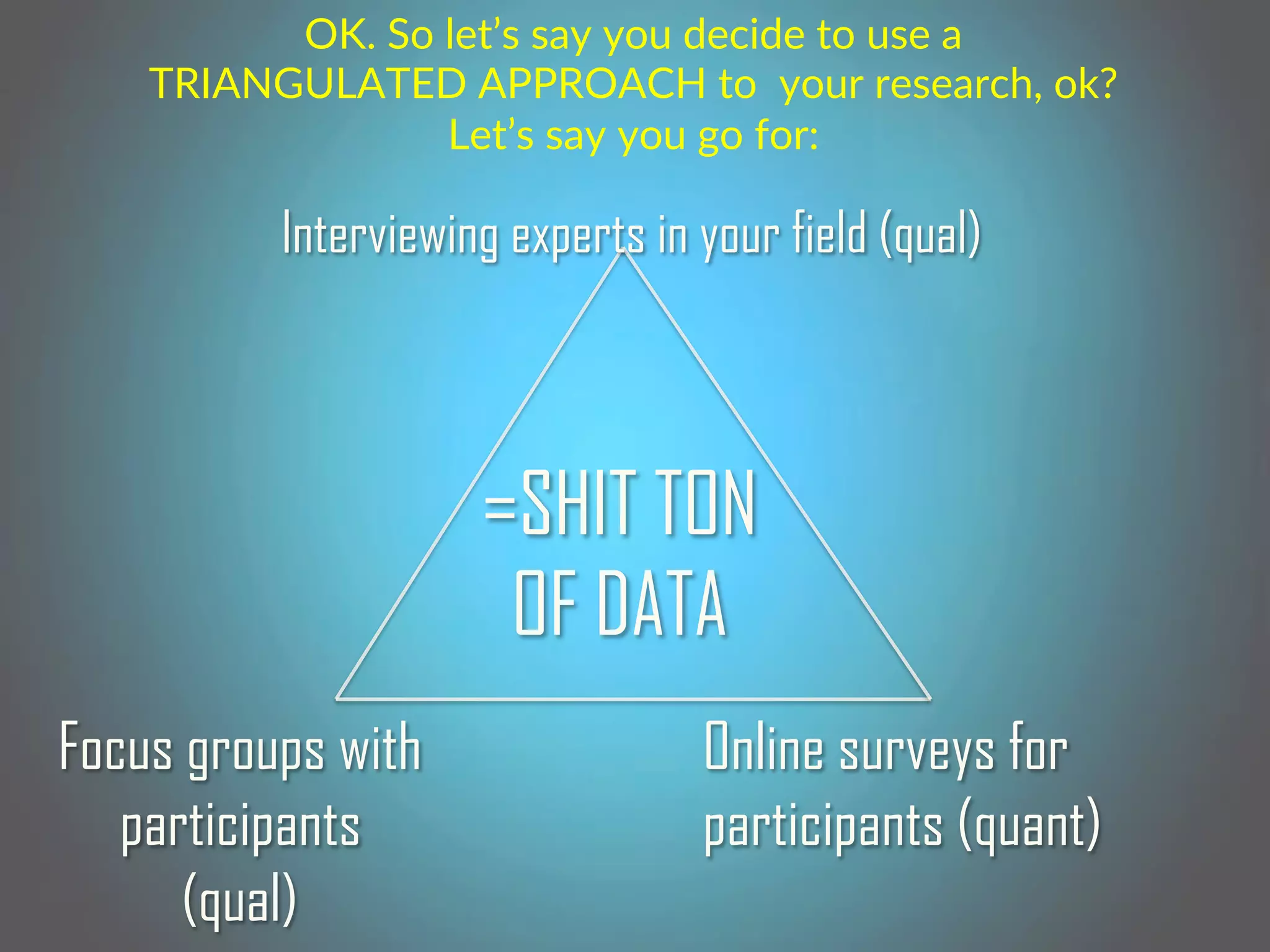 =SHIT TON
OF DATA
Interviewing experts in your field (qual)
Online surveys for
participants (quant)
Focus groups with
participants
(qual)
OK.(So(let’s(say(you(decide(to(use(a(
TRIANGULATED(APPROACH(to((your(research,(ok?((
Let’s(say(you(go(for:(
 