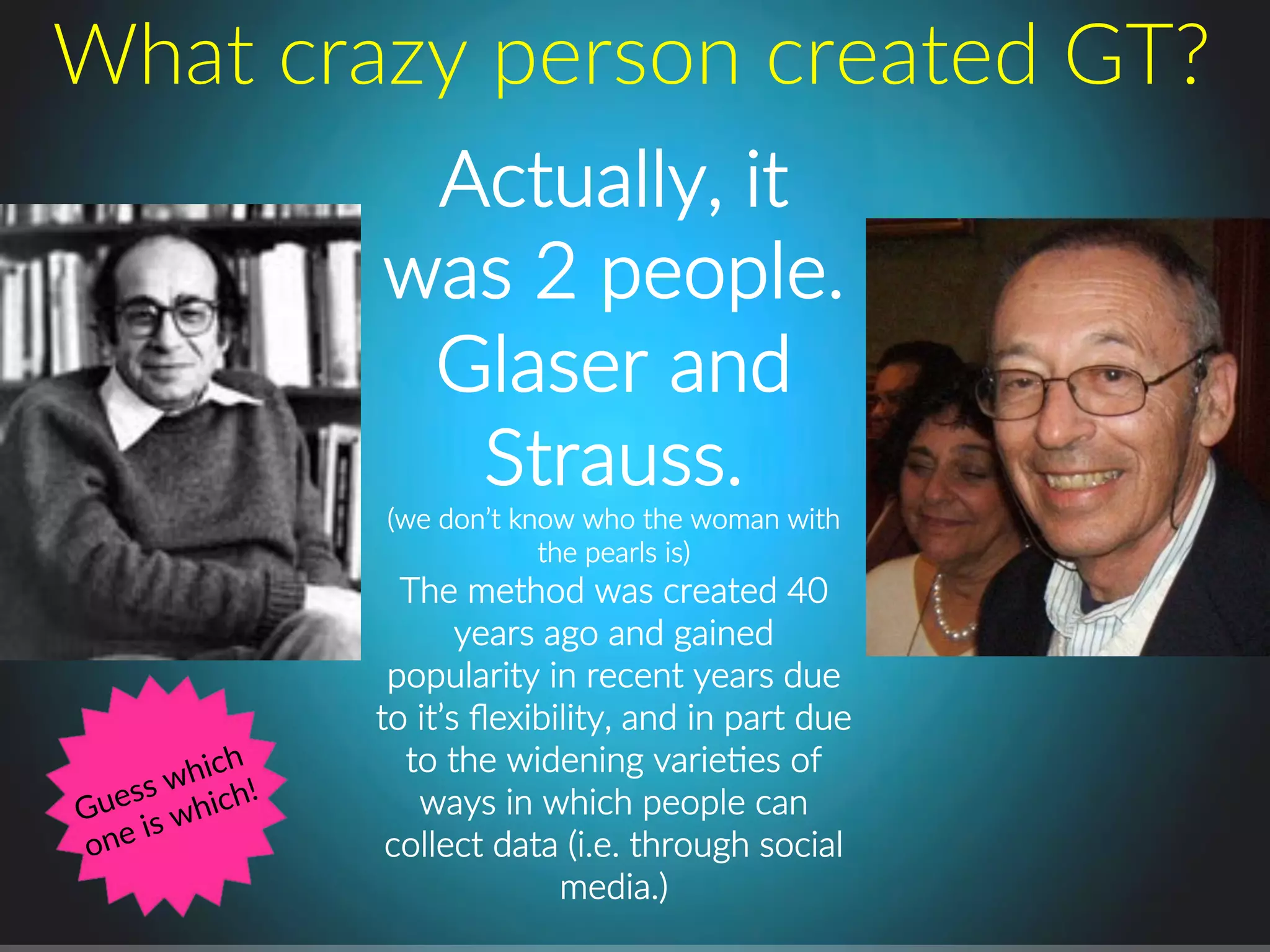 Actually,.it.
was.2.people...
Glaser.and.
Strauss...
(we.don’t.know.who.the.woman.with.
the.pearls.is)...
The.method.was.created.40.
years.ago.and.gained.
popularity.in.recent.years.due.
to.it’s.ﬂexibility,.and.in.part.due.
to.the.widening.variePes.of.
ways.in.which.people.can.
collect.data.(i.e..through.social.
media.)..
What.crazy.person.created.GT?.
Guess(which(
one(is(which!(
 