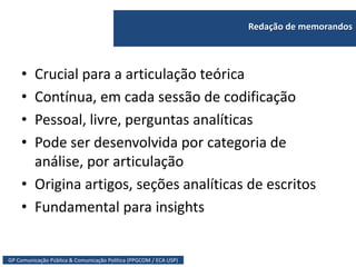 GP Comunicação Pública & Comunicação Política (PPGCOM / ECA USP)
Redação de memorandos
• Crucial para a articulação teórica
• Contínua, em cada sessão de codificação
• Pessoal, livre, perguntas analíticas
• Pode ser desenvolvida por categoria de
análise, por articulação
• Origina artigos, seções analíticas de escritos
• Fundamental para insights
 