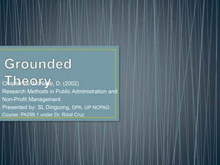 Chapter 25. McNabb, D. (2002)
Research Methods in Public Administration and
Non-Profit Management
Presented by: SL Dingcong, DPA, UP NCPAG
Course: PA299.1 under Dr. Rizal Cruz
 