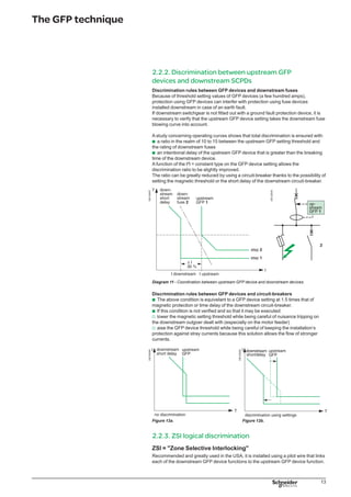 14
The GFP technique
Upon fault, the relay located the nearest to the earth fault (for ex. R1) sees the fault,
sends a signal to the upstream relay (R2) to indicate to it that it has seen the fault
and that it will immediately eliminate it. R2 receives this message, sees the fault but
waits for the signal from R1 and also sends a signal to R3, etc. The R2 relay only
trips after a time delay (some ten ms) if the fault is not eliminated by R1 (see
examples 1 and 2).
DB125510
Diagram 13a - ZSI discrimination.
This technique allows:
discrimination on 3 or more levels to be easily carried out
great stress on the installation, which are linked to time-delayed tripping of
protection devices, to be eliminated upon fault that is directly on the upstream
busbars. All protection devices are thus instantaneous.
A pilot wire between all the protection devices dealt with is necessary for this
technique.
Example 1:
D1 to D3 circuit-breakers are fitted out with a CU that allows the implementation of
logic discrimination:
an insulation fault occurs at point C and causes a fault current of 1500 A.
relay no. 3 (threshold at 300 A) immediately gives the tripping order to the circuit-
breaker (D3) of the outgoer dealt with:
relay no. 3 also sends a signal to relay no. 2, which also detected the fault
(threshold at 800 A), and temporarily cancels the tripping order to circuit-breaker D2
for a few hundred milliseconds, the fault elimination time needed by circuit-breaker D3
relay no. 2 in turn sends a signal to relay no. 1
relay no. 2 gives the order to open circuit-breaker D2 after a few hundred
milliseconds only if the fault continues, i.e. if circuit-breaker D3 did not open
id, relay no. 1 gives the order to open circuit-breaker D1 a few hundred
milliseconds after the fault occured only if circuit-breakers D2 and D3 did not open.
DB125511
Diagram 13b - ZSI application.
b
b
b
v
b
v
v
v
v
 