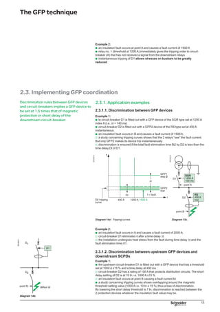 16
The GFP technique
2.4. Special operations of GFP devices
Protection using GFP devices can also be
used to:
protect generators
protect loads.
The use of transformers on part of the
installation allows insulation faults to be
confined.
Discrimination with an upstream GFP
device is naturally carried out.
b
b
2.4.1. Protecting generators
An insulation fault inside the metal casing of a generating set may severly damage
the generator of this set. The fault must be quickly detected and eliminated.
Furthermore, if other generators are parallelly connected, they will generate energy
in the fault and may cause overload tripping. Continuity of supply is no longer
ensured.
For this reason, a GFP device built-into the generator’s circuit allows:
the fault generator to be quickly disconnected and service to be continued
the control circuits of the fault generator to be stopped and thus to diminish the risk
of deterioration.
DB125514
Diagram 15 - generator protection.
This GFP device is of the “Residual sensing” type and is to be installed closest to the
protection device as shown in a TN-C system, in each generator set with earthed
exposed conducted parts using a seperate PE:
upon fault on generator no. 1:
an earth fault current is established in PE1 Id1 + Id2 due to the output of power
supplies 1 and 2 in the fault
this current is seen by the GFP1 device that gives the instantaneous
disconnection order for generator 1 (opening of circuit-breaker D1)
this current is not seen by the GFP2 device. Because of the TN-C system.
This type of protection is called restricted differential.
Installed GFP devices only protect power supplies
b
b
b
v
v
v
GFP is of the “Residual sensing” RS type.
GFP threshold setting: from 3 to 100 A depending on the GE rating.
2.4.2. Protecting loads
A weak insulation fault in motor winding can quickly develop and finish by creating a
short-circuit that can significantly deteriorate even destroy the motor. A GFP device
with a low threshold (a few amps) ensures correct protection by deenergizing the
motor before severe dammage occurs.
GFP is of the “Zero Sequence” type.
GFP threshold setting: from 3 to 30 A depending on the load types.
 