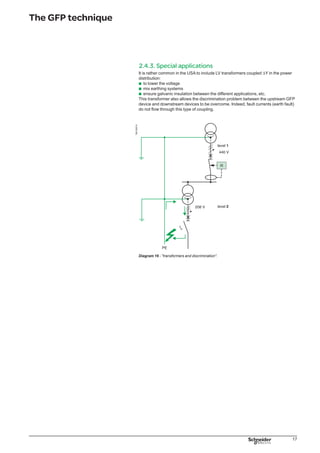 18
GFP implementation
Correct implementation of GFP devices on the network consists of:
good protection against insulation faults
tripping only when it is necessary.
b
b
3.1. Installation precautions
The correct implementation of GFP
devices depends on:
the installed ES. The ES must be of the
TN-S type
the measurement carried out
not forgetting the neutral conductor
current
the correct wiring of an external CT, if
used, to the primary as well as to the
secondary,
a good coordination (discrimination)
between devices.
b
b
v
v
b
3.1.1. Being sure of the earthing system
GFP is protection against fire at a high threshold (from a few dozen up to
1200 Amps):
in an IT and/or TT type system, this function is not necessary: insulation fault
currents are naturally weak, - less than a few Amps (see § 1.2.1))
in a TN-C system, PE conductors and neutral are the same: for this reason,
insidious and dangerous insulation fault currents cannot be discriminated from a
normal neutral current.
b
b
The system must be of the TN-S type.
The GFP function operates correctly only:
with a true PE conductor, i.e. a protection conductor that only carries fault currents
with an earthing system that favors, upon insulation fault, the flow of a strong fault
current..
Residual Sensing System
First, it is necessary to verify that:
all of the live conductors, including the neutral conductor, are controlled by (the)
measuring toroid(s) Œ
the PE conductor is not in the measuring circuit 
the Neutral conductor is not a PEN, or does not become one by system upgrading
(case of multisource)
the current measurement in the neutral (if it is done by a separate CT) is carried
out using the correct polarity (primary and secondary) so that the protection device’s
electronics correctly calculate the vectorial sum of phases and neutral currents� Ž
the external CT has the same rating as the CT of phase .
DB125420
Diagram 17 - RS system: upstream and downstream power supply.
Note 1: the use of a 4P circuit-breaker allows problems Œ to  to be resolved.
Note 2: the location of the measuring CT on the neutral conductor is independent from the type
of switchgear power supply:
upstream power supply or
downstream power supply.
Source Ground Return System
It is necessary to ensure that:
measurement is carried out on a PE conductor and not on a PEN 
the precautions concerning the CT polarity described above are taken into
account (even if the measurement is carried out by a single CT, it may subsequently
be coupled to other CTs) Ž
b
b
b
b
b
b
b
b
b
b
 