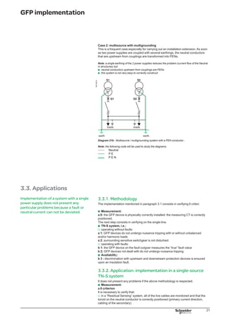 22
GFP implementation
a “Source Ground Return” system, the measurement toroid is correctly installed
on the PE (and not on a PEN or neutral conductor).
TN-S system:
a 1 and a 2 criteria
current flowing through the neutral can only return to the power supply on one
path, if harmonic currents are or are not in the neutral. The vectorial sum of currents
(3 Ph + N) is nul.
Criterion a 1 is verified.
the neutral current cannot return in the PE because there is only one connection of
the neutral from the transformer to the PE. Radiation of structures in not possible.
Criterion a 2 is verified.
b 1 and b 2 criteria
Upon fault, the current cannot return via the neutral and returns entirely into the
power supply via the PE.
Due to this:
GFP devices located on the feeder supply system read the true fault current
the others that cannot see it remain inactive.
Criteria b 1 and b 2 are verified.
b 3 criterion
availability
discrimination must be ensured according to the rules in paragraph 2.2.
Criterion b 3 is then verified.
DB125517
Diagram 22 - Single-source.
v
b
v
v
v
v
b
v
As soon as the network has at least 2
power supplies, the protection system
decided upon must take into account
problems linked to:
third order harmonics and multiples of 3
the non-breaking of the neutral
possible current deviations.
Consequently, the study of a
multisource diagram must clearly show
the possible return paths :
of the neutral currents
of the insulation fault currents
i.e. clearly distinguish the PE and the PEN
parts of the diagram.
b
b
b
b
b
b
3.3.3. Application: implementation in a multisource
TN-S system
The multisource case is more complex.
A multiple number of network configurations is possible depending on:
the system (parallel power sources, normal / replacement power source, etc.)
power source management
the number of neutral earthings on the installation: the NEC generally
recommends a single earthing, but tolerates this type of system in certain cases
(§ 250-21 (b))
the solution decided upon to carry out the earthing.
Each of these configurations requires a special case study.
b
b
b
b
The applications presented in this paragraph are of the multisource type with
2 power sources.
 