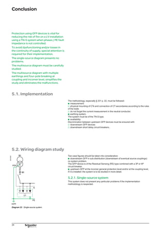 35
Conclusion
5.2.2. Multisource / single-ground system
This type of system is not easy to implement: it must be rigorously constructed
especially in the case of extension (adding an additional source). It prevents the
return of neutral current into the PE.
Source and coupling circuit-breakers must be 3P.
5.2.2.1. Normal operation
To be operational vis-à-vis GFP devices, this system must have:
either, a neutral conductor for all the users that are supplied by each source:
measurement is of the RS type.
or, a PE conductor for all of the users that ar supplied by each source:
measurement is of the SGR type.
DB125535
DB125519
DB125536
System 1
Only useful in source coupling
(no Q3 coupling) = case of the
GE
System 2
Accessible neutral
conductors and PE for
each source. The GFP1
(GFP2) device is:
b of the RS type with an
exteranl CT on the neutral
conductor N1 (N2)
b of the SGR type with an
external CT on the PE
conductor PE1 (PE2).
System 3
Only useful in source coupling
(no Q3 coupling) = case of the
GE.
Figure 35.
5.2.2.2. Replacement operation
In replacement operation, the correct paralleling of external CTs allows for insulation
fault management.
5.2.3. Multisource / multiground system
This system is frequently used. Circulating current flow can be generated in PE
circuits and insulation fault current management proves to be delicate.
Efficiently managing this type of system is possible but difficult.
b
b
4P breaking at the incomer circuit-breaker level and coupling allow for
simple and efficient management of these 2 problems.
This system thus becomes the equivalant of several single-source systems.
 