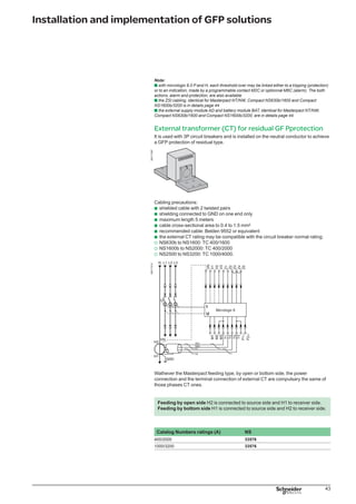 44
Installation and implementation of GFP solutions
External transformer for source ground return (SGR)
earth-fault protection
It is installed on the from LV transformer starpoint to the ground link and is connected
to Micrologic 6.0 trip unit by “MDGF summer” module to achieve the ground fault
protection of SGR type.
DB117311
Cabling precautions:
unshielded cable with 1 twisted pair
shielding connected to GND on one end only
maximum length 150 meters
cable cross-sectional area to 0.4 to 1.5 mm2
recommended cable: Belden 9552 or equivalent
DB117313
Catalog Numbers
Current Transformeteur SGR 33579
b
b
b
b
b
H1 is connected to source side and H2 to receiver side.
ZSI wiring and externel supply for Masterpact NT/NW and
Compact NS1600b/3200
Zone selective interlocking
A pilot wire interconnects a number of circuit breakers equipped with Micrologic A/P/
H control units, as illustrated in the diagram above.
The control unit detecting a fault sends a signal from downstream, the circuit breaker
remains closed for the full duration of its tripping delay. If there is no signal from
downstream, the circuit breaker opens immediately, whatever the tripping-delay
setting.
Fault 1:
only circuit breaker A detects the fault. Because it receives no signal from
downstream, it immediately opens in spite of its tripping delay set to 0.3.
b
 