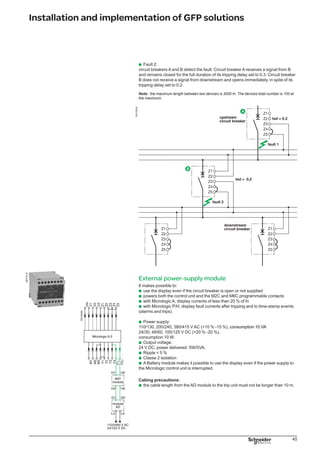 46
Installation and implementation of GFP solutions
Catalog Numbers external power-supply module
24/30 V DC 54440
48/60 V DC 54441
125 V DC 54442
110 V AC 54443
220 V AC 54444
380 V AC 54445
Catalog Numbers battery module
Module BAT 24 V DC 54446
Ground fault protection with Compact NSX100/630A
Technical data and settings
STR53UE Micrologic trip unit
The STR53UE Micrologic 6.2 and 6.3 trip unit are optionally equipped with ground
fault protection(1)
.
This can be completed by the ZSI “Logic discrimination” option.
DB117317DB117318
Tripping threshold on ground fault.
Time delay on ground fault and l2t on/off.
Technical data of ground fault protection for
Compact NSX
Functions for Compact NSX100/630A Micrologic 6.3
Ground Fault protection (T) ■
Type Residual current
Tripping threshold
Ig Adjustable (9 indexes) - Off to 1 x In
Accuracy ±15 %
Tripping time tg
Maximum overcurrent time Adjustable (5 indexes + function I2
t = cte)
Without tripping (ms) 20 80 140 230 350
Total breaking time (ms) y 80 y 140 y 200 y 320 y 500
 