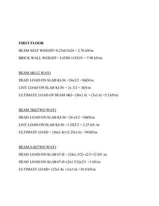 FIRST FLOOR
BEAM SELF WEIGHT=0.23x0.5x24 = 2.76 kN/m
BRICK WALL WEIGHT= 3.65X0.115X19 = 7.98 kN/m
BEAM 6KI (2 WAY)
DEAD LOAD ON SLAB KI-56 =24x3/2 =36kN/m
LIVE LOAD ON SLAB KI-56 = 2x 3/2 = 3kN/m
ULTIMATE LOAD OF BEAM 6KI= (36x1.4) + (3x1.6) =5.5 kN/m
BEAM 5KI(TWO WAY)
DEAD LOAD ON SLAB KJ-56 =24 x3/2 =36kN/m
LIVE LOAD ON SLAB KJ-56 =1.5X3/2 = 2.25 kN /m
ULTIMATE LOAD = (36x1.4)+(2.25x1.6) =54kN/m
BEAM 6-JI(TWO WAY)
DEAD LOAD ON SLAB 67-JI = (24x1.5/2) x2/3=12 kN /m
DEAD LOAD ON SLAB 67-JI=(2x1.5/2)x2/3 =1 kN/m
ULTIMATE LOAD= (12x1.4) +(1x1.6) =18.4 kN/m
 