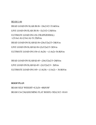 BEAM J-46
DEAD LOAD ON SLAB JH-56 =24x2.8/2=33.6kN/m
LIVE LOAD ON SLAB JH-56 =2x2.8/2=2.8kN/m
ULTIMATE LOAD ON J-56 (TRAPEZODIAL)
=(33.6x1.4)+(2.8x1.6)=51.52kN/m
DEAD LOAD ON SLAB KJ-56=(24x3/2)x2/3=24kN/m
LIVE LOAD ON SLAB KJ-56=(2x3/2)x2/3=2kN/m
ULTIMATE LOAD ON J-56=(1.4x24) + (1.6x2)=36.8kN/m
DEAD LOAD ON SLAB KJ-45= (24x3/2)x2/3=24kN/m
LIVE LOAD ON SLAB KJ-45= (2x3/2)x2/3= 2kN/m
ULTIMATE LOAD ON J-45= (1.4x24) + (1.6x2) = 36.8kN/m
ROOF PLAN
BEAM SELF WEIGHT=0.2x24 =48kN/M2
BEAM C6-C24(ASSUMING FLAT ROOF)=582x2.8/2 =814.8
 