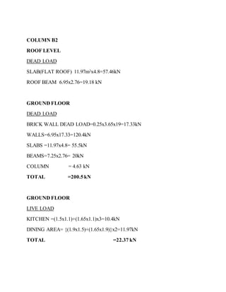 COLUMN B2
ROOF LEVEL
DEAD LOAD
SLAB(FLAT ROOF) 11.97m2x4.8=57.46kN
ROOF BEAM 6.95x2.76=19.18 kN
GROUND FLOOR
DEAD LOAD
BRICK WALL DEAD LOAD=0.25x3.65x19=17.33kN
WALLS=6.95x17.33=120.4kN
SLABS =11.97x4.8= 55.5kN
BEAMS=7.25x2.76= 20kN
COLUMN = 4.63 kN
TOTAL =200.5 kN
GROUND FLOOR
LIVE LOAD
KITCHEN =(1.5x1.1)+(1.65x1.1)x3=10.4kN
DINING AREA= {(1.9x1.5)+(1.65x1.9)}x2=11.97kN
TOTAL =22.37 kN
 