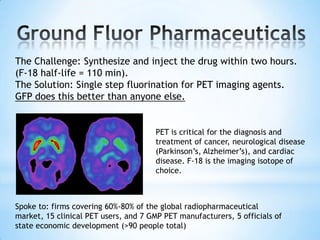 The Challenge: Synthesize and inject the drug within two hours.
(F-18 half-life = 110 min).
The Solution: Single step fluorination for PET imaging agents.
GFP does this better than anyone else.


                                      PET is critical for the diagnosis and
                                      treatment of cancer, neurological disease
                                      (Parkinson’s, Alzheimer’s), and cardiac
                                      disease. F-18 is the imaging isotope of
                                      choice.



Spoke to: firms covering 60%-80% of the global radiopharmaceutical
market, 15 clinical PET users, and 7 GMP PET manufacturers, 5 officials of
state economic development (>90 people total)
 