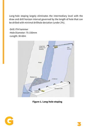 3
Long-hole stoping largely eliminates the intermediary level with the
draw and drill horizon interval governed by the length of hole that can
be drilled with minimal drillhole deviation (under 2%).
-Drill: ITH hammer
-Hole Diameter: 75-150mm
-Length: 30-60m
Figure 1. Long-hole stoping
 