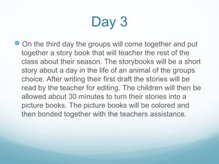 Day 3
On the third day the groups will come together and put
together a story book that will teacher the rest of the
class about their season. The storybooks will be a short
story about a day in the life of an animal of the groups
choice. After writing their first draft the stories will be
read by the teacher for editing. The children will then be
allowed about 30 minutes to turn their stories into a
picture books. The picture books will be colored and
then bonded together with the teachers assistance.
 