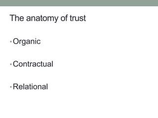 The anatomy of trust
•Organic
•Contractual
•Relational
 