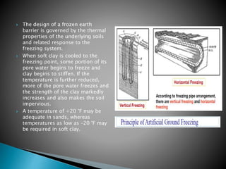  The design of a frozen earth
barrier is governed by the thermal
properties of the underlying soils
and related response to the
freezing system.
 When soft clay is cooled to the
freezing point, some portion of its
pore water begins to freeze and
clay begins to stiffen. If the
temperature is further reduced,
more of the pore water freezes and
the strength of the clay markedly
increases and also makes the soil
impervious.
 A temperature of +20 °F may be
adequate in sands, whereas
temperatures as low as –20 °F may
be required in soft clay.
 