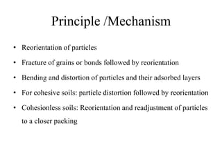 Principle /Mechanism
• Reorientation of particles
• Fracture of grains or bonds followed by reorientation
• Bending and distortion of particles and their adsorbed layers
• For cohesive soils: particle distortion followed by reorientation
• Cohesionless soils: Reorientation and readjustment of particles
to a closer packing
 