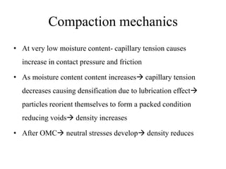 Compaction mechanics
• At very low moisture content- capillary tension causes
increase in contact pressure and friction
• As moisture content content increases capillary tension
decreases causing densification due to lubrication effect
particles reorient themselves to form a packed condition
reducing voids density increases
• After OMC neutral stresses develop density reduces
 