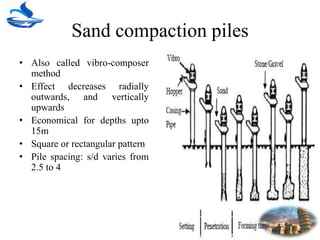 Sand compaction piles
• Also called vibro-composer
method
• Effect decreases radially
outwards, and vertically
upwards
• Economical for depths upto
15m
• Square or rectangular pattern
• Pile spacing: s/d varies from
2.5 to 4
 