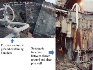 Frozen structure in
ground containing
boulders
Synergetic
function
between frozen
ground and sheet
pile wall
 